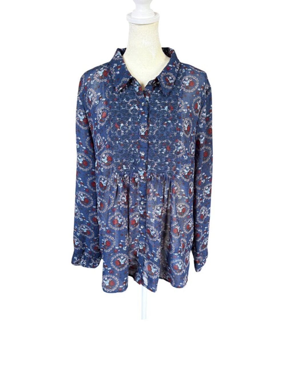 Tantrums blue floral long sleeve button front shirt crochet lace women's size L